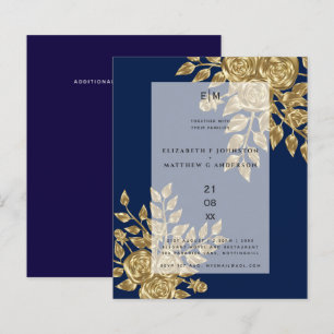 Rose d'or bleu marine Invitations de mariage métal
