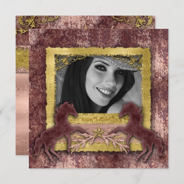 Rose d'or Vintage Horse Western Invitation (Devant / Derrière)