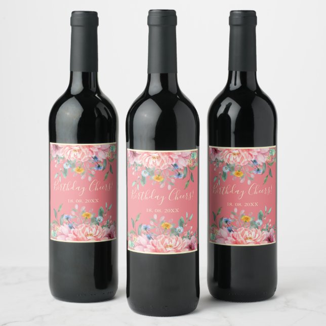 Rose doux avec des fleurs étiquette vin d'annivers (Bouteilles)