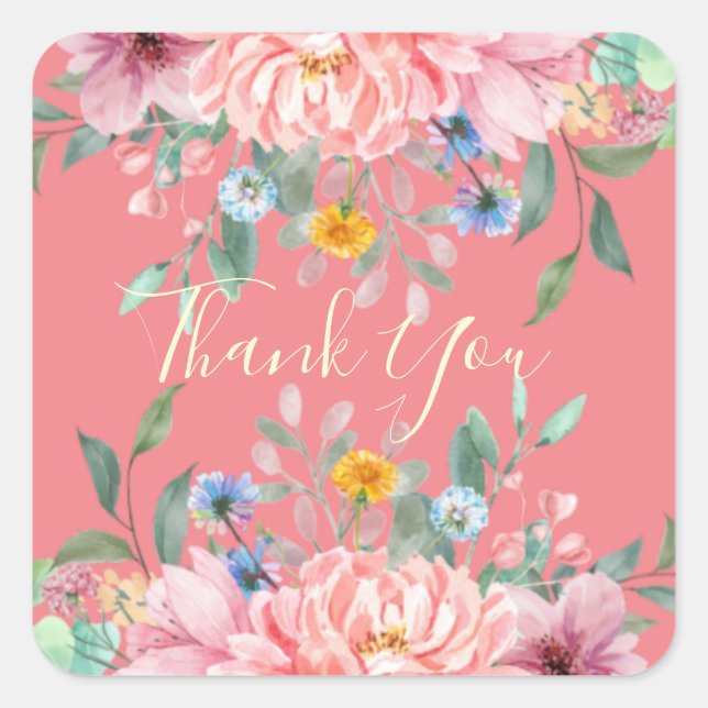 Rose doux avec fleurs carré autocollant (Devant)