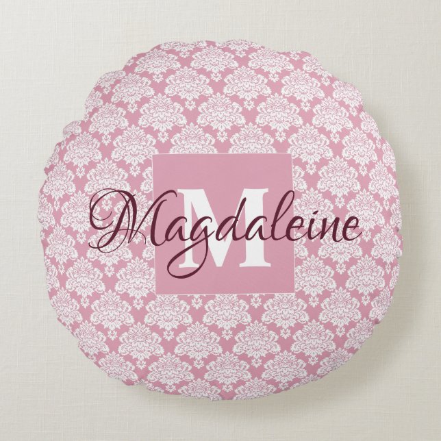 Rose Dusté Damask Accent Coussin avec Monogramme e (Devant)