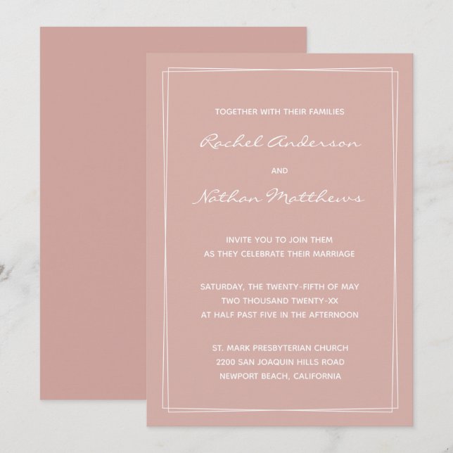 Rose Dusty minimaliste moderne de mariage Invitati (Devant / Derrière)