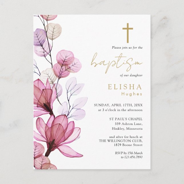 Rose Dusty Monogramme floral Baptême Invitation (Devant)