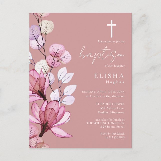 Rose Dusty Monogramme floral Baptême Invitation (Devant)
