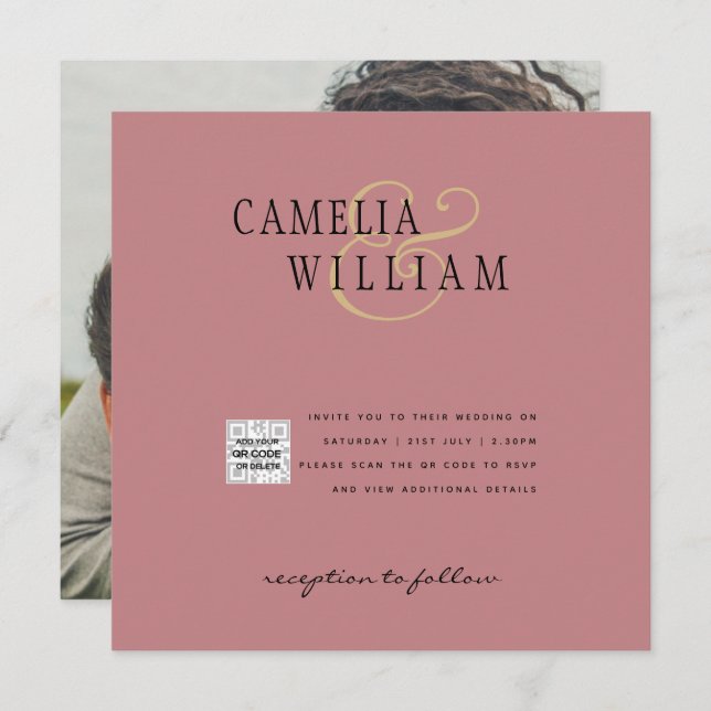 Rose Dusty Photo Wedding Inviter QR Code Enregistr (Devant / Derrière)