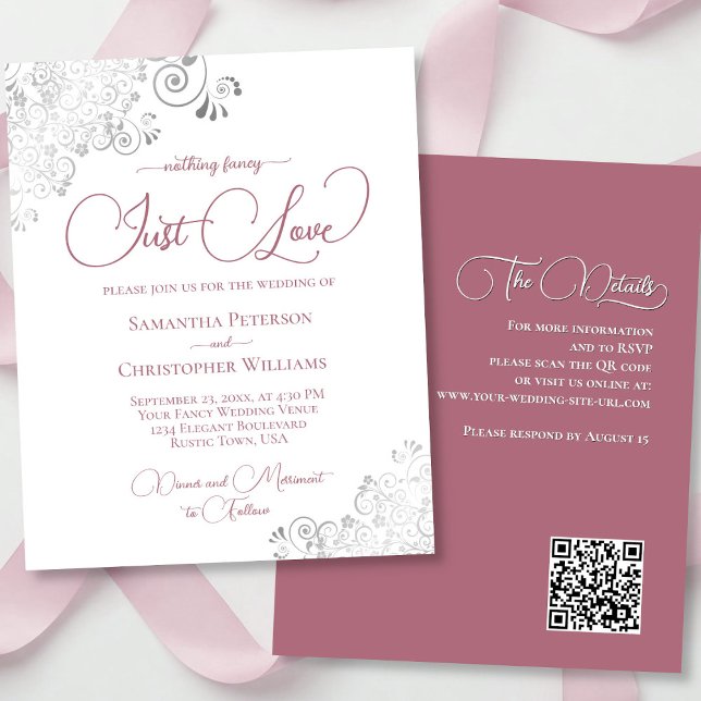 Rose Dusty Silver QR Code BUDGET Mariage Invitatio (front/back)