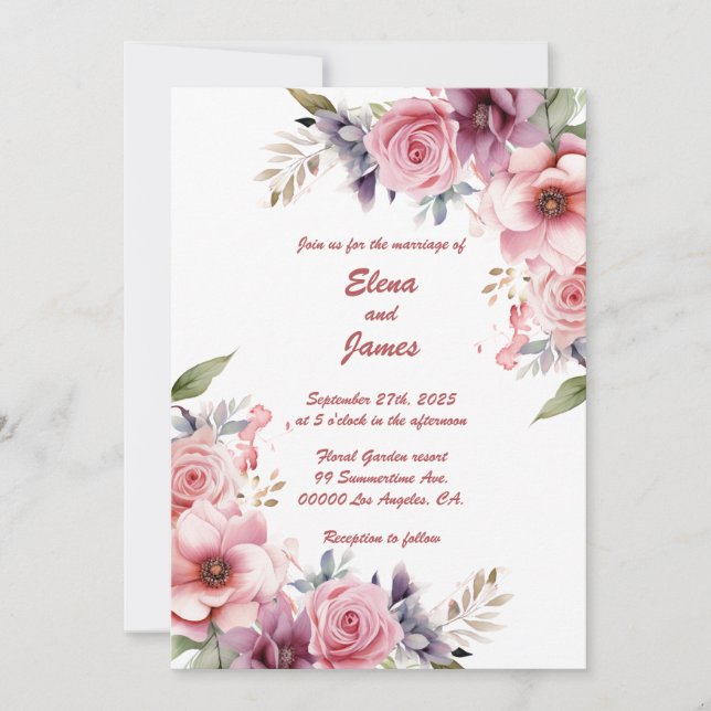 Rose Elégance : Faire-part de mariage (Devant)