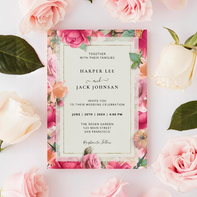 Rose élégant Faire-part de mariage de cadre Gold G (Stylish Roses Garden Pink Gold Frame Invitation)