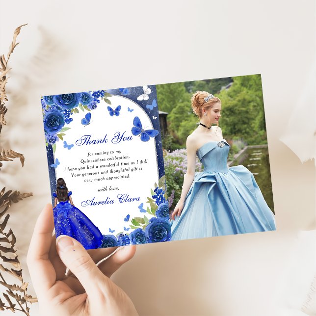 Rose en argent bleu Quinceanera Carte de remerciem (Créateur téléchargé)