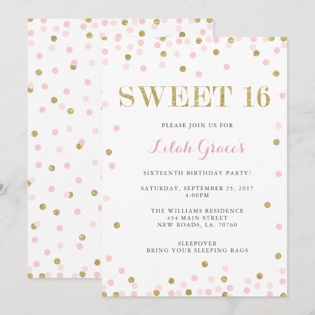Rose et bonbon à or 16 invitations d'anniversaire (Devant / Derrière)