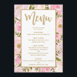 Rose et carte florale de modèle de menu de mariage<br><div class="desc">CARTE FÉMININE DE MENU DE MARIAGE DE ROSE ET D'OR
Comporter magnifique rougissent les fleurs roses d'aquarelle et le feuillage vert rustique</div>