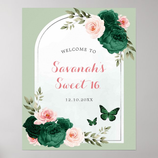 Rose et Emerald Green Sweet 16 Affiche de bienvenu (Devant)