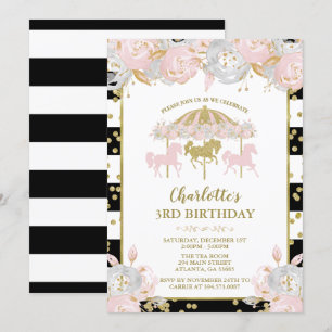 Rose et invitation d'anniversaire de carrousel de