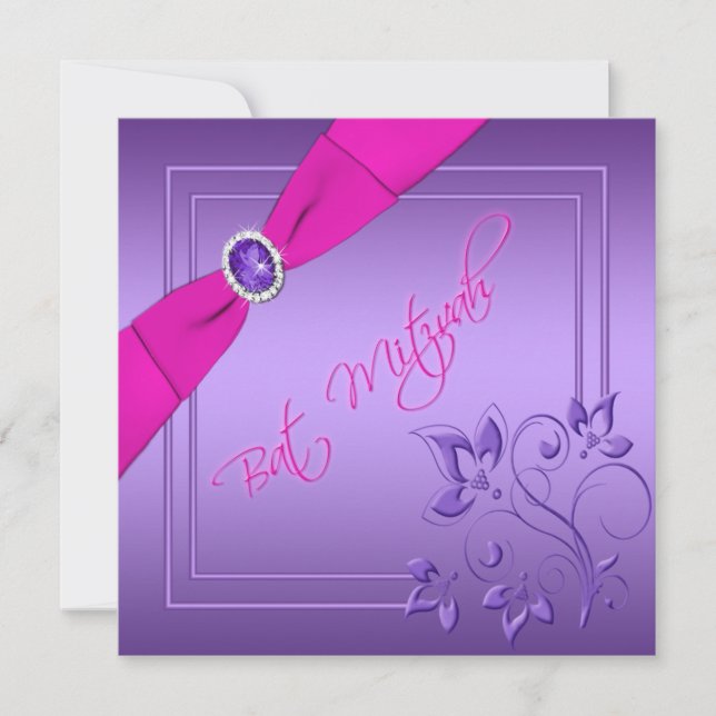 Rose et invitation florale pourpre de bat mitzvah (Devant)