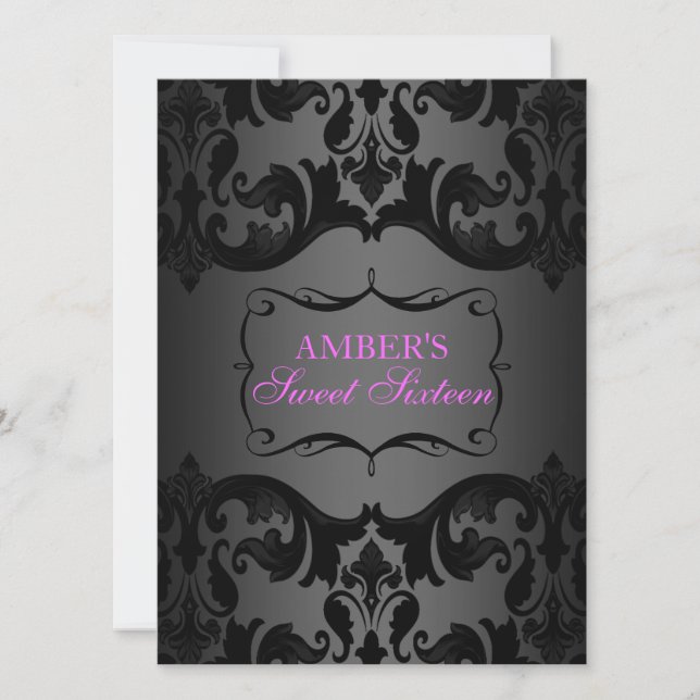 Rose et noir Damask Sweet 16 Invitation d'annivers (Devant)
