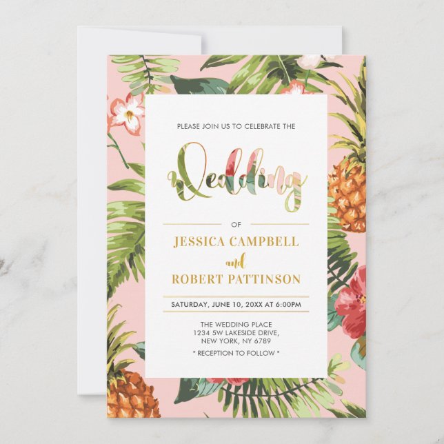Rose et Or | Faire-Part de Mariage Tropical d'Été (Devant)
