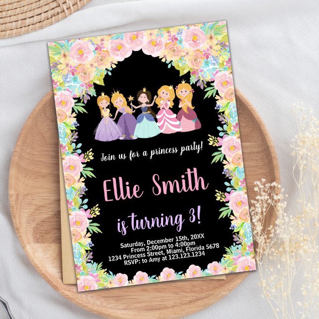 Rose Floral Black Princesses Invitation Anniversai (Pink Floral Black Princesses Birthday Invitation)