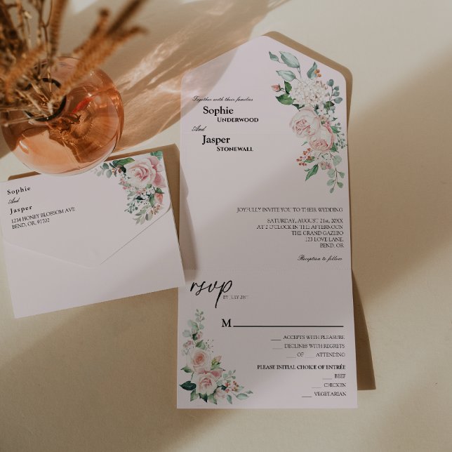Rose Floral Blush Tout En Un Faire-part de mariage (Créateur téléchargé)
