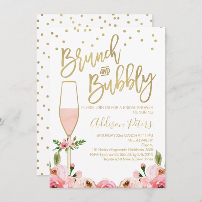 Rose Floral Brunch Bubbly Bridal Shower Invitation (Devant / Derrière)