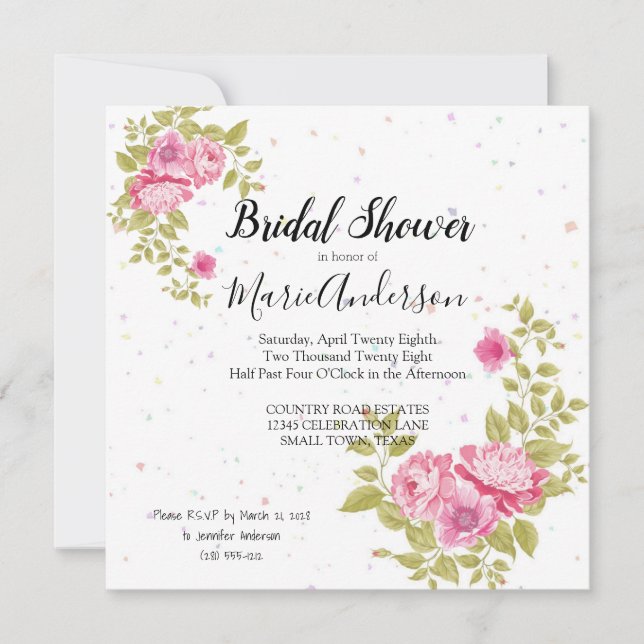 Rose Floral Confetti Douche Invitation (Devant)