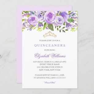Rose floral de lavande Quinceanera Invitation