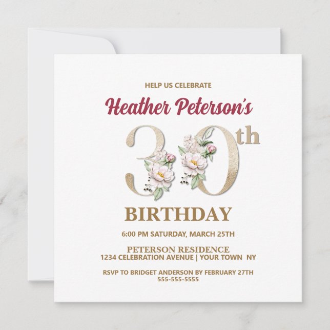 Rose Floral H 30th Birthday Party Invitation (Devant)