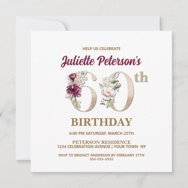 Rose Floral J 60th Birthday Party Invitation (Devant)