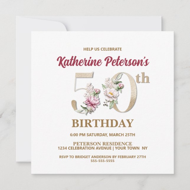 Rose Floral K 50th Birthday Party Invitation (Devant)
