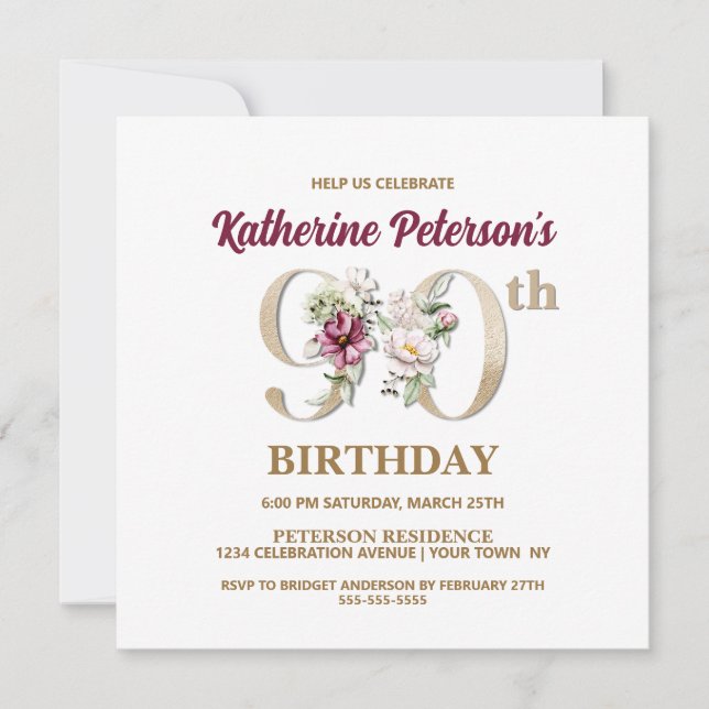 Rose Floral K 90th Birthday Party Invitation (Devant)