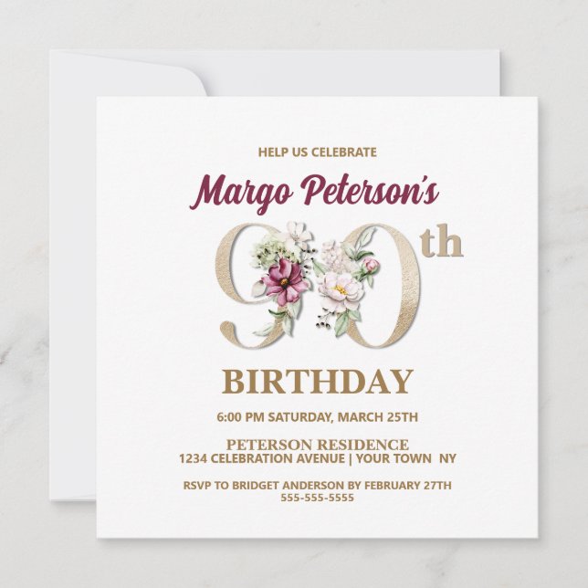 Rose Floral M 90th Birthday Party Invitation (Devant)