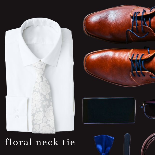 Rose floral moderne Gris et Cravate blanc (Men's floral neck tie)