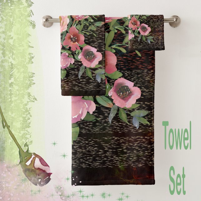 Rose floral noir (Pink floral black watercolor beautiful towel set of 3 towels
)