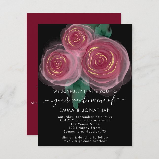 Rose Floral QR Code Or Bourgogne Noir (Devant / Derrière)