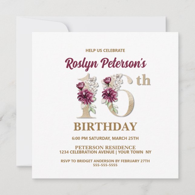 Rose Floral R 16e Anniversaire Fête Invitation (Devant)