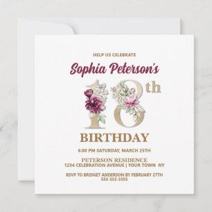 Rose Floral S 18e Anniversaire Fête Invitation