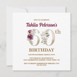 Rose Floral T 60e Anniversaire Fête Invitation