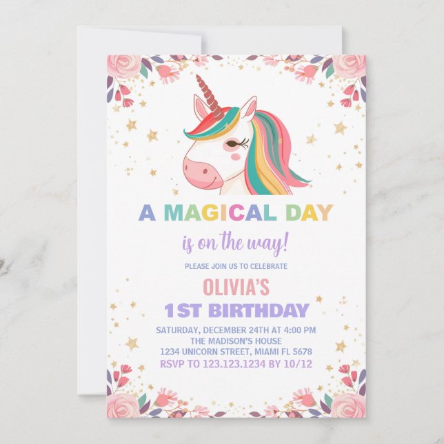 Rose floral Unicorn Invitations d'anniversaire (Devant)