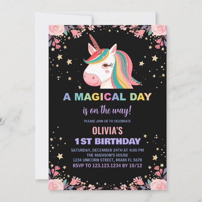 Rose floral Unicorn Invitations d'anniversaire (Devant)