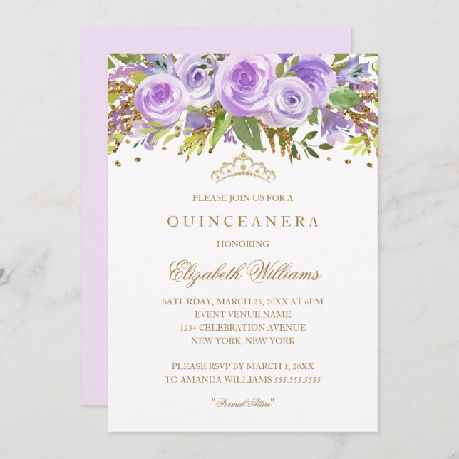 Rose Floral Violet Or Quinceanera Invitation (Devant / Derrière)
