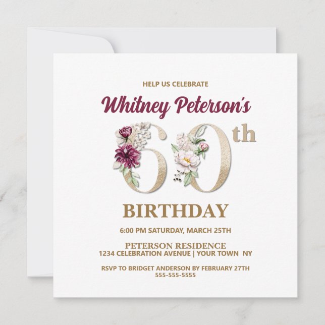 Rose Floral W 60th Birthday Party Invitation (Devant)