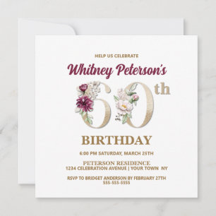 Rose Floral W 60th Birthday Party Invitation