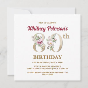 Rose Floral W 80th Birthday Party Invitation