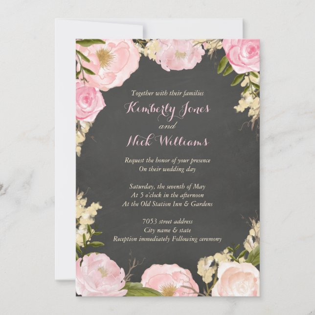 Rose Floral Wreath Chalkboard Mariage Invitation (Devant)