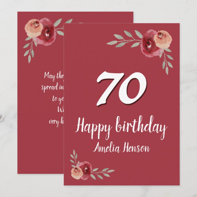 Rose Florale Aquarelle Rouge 70e Anniversaire (Devant / Derrière)