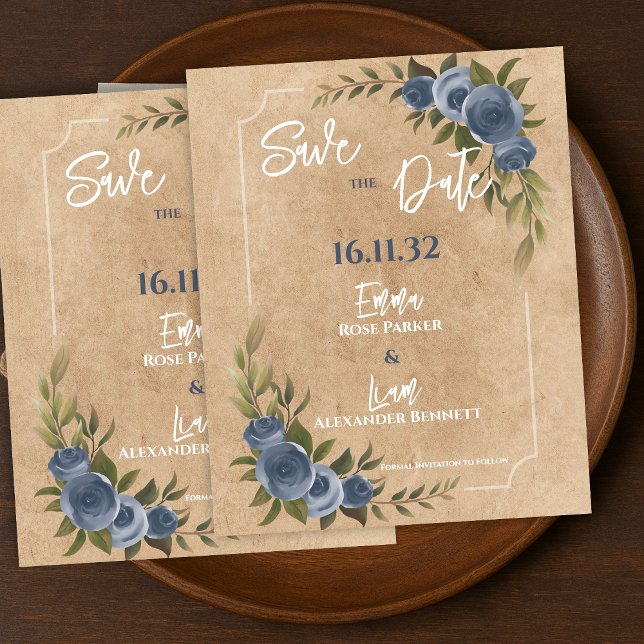 Rose Florale Bleue Rustique Mariage Économisez la  (Rustic Blue Rose Floral Wedding Save the Date)