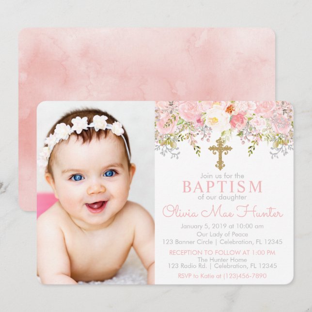 Rose Garden Girl Baptism Photo Invitation (Devant / Derrière)