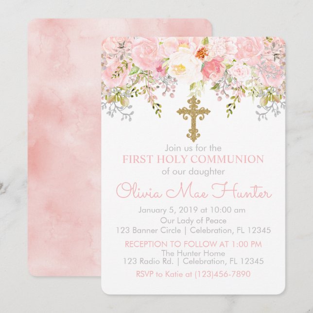 Rose Garden Girl First Holy Communion Invitation (Devant / Derrière)