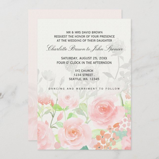 Rose Garden Moderne Floral invitations de mariage (Devant / Derrière)