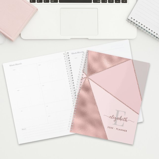 Rose géométrique moderne Or Blush Gris Monogramme (Créateur téléchargé)