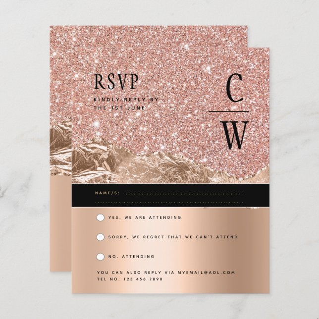 Rose glamour Gold Noir Mariage RSVP (Devant / Derrière)